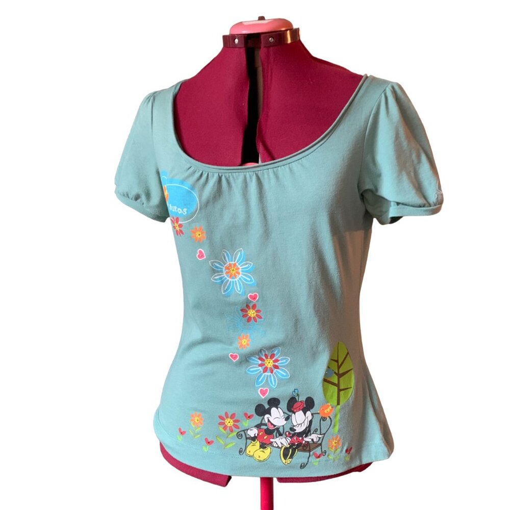 Disney Land - Jade green Short puffed sleeves Mickey Mini Mousse t-shirt - small